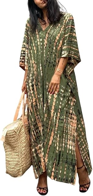Bsubseach Women Print Beach Kaftan Dress Short Sleeve Plus Size Bathing Suit Cover Ups