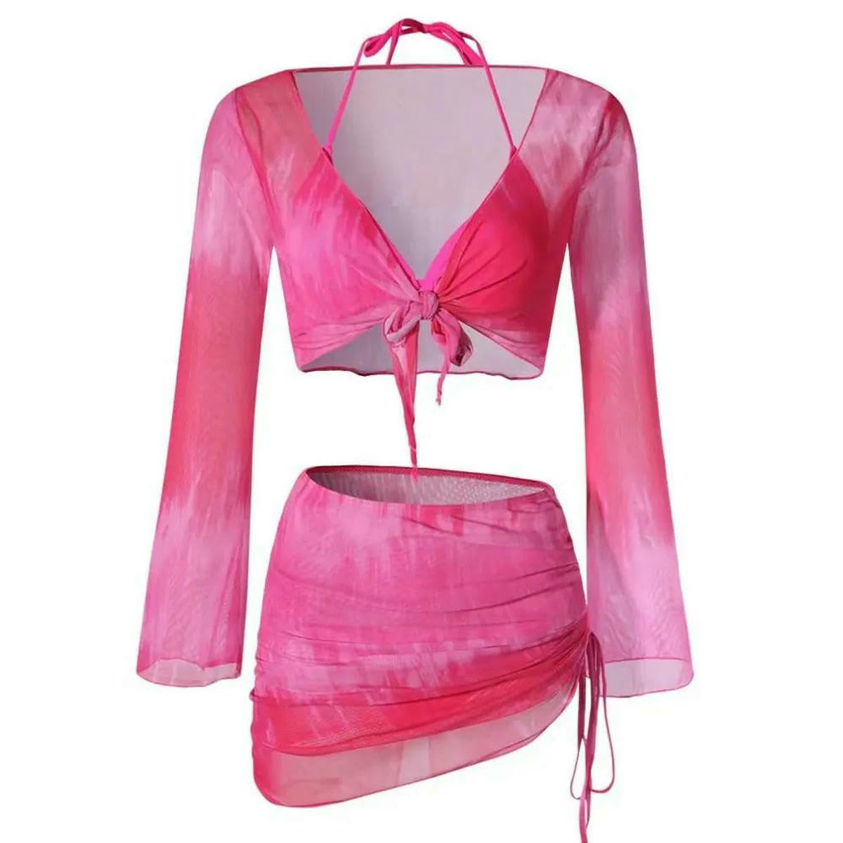 Neoprenowy damski zestaw bikini typu tie-dye | Wielokolorowe damskie bikini Tie Dye M/L/XL 4 szt. Siatkowa spódnica z długim rękawem Ruched kostiumy kąpielowe