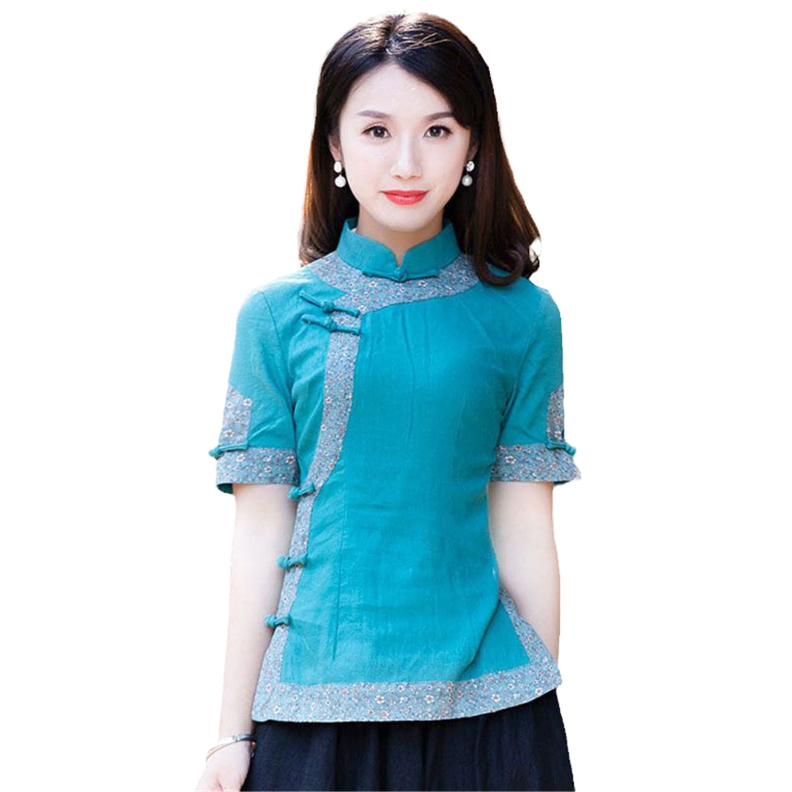 Bawełniane letnie Cheongsam damski kostium Tang topy mieszanka nadruków splot krótki rękaw chiński styl Qipao koszule