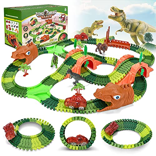  Innedu Dinosaure Jouet sur Circuit Voiture Enfant, 265 Pièces Dinosaure Jouet avec 2 Jouets Voiture Lumineux, Piste Flexible Circuit Voiture Enfant Dinosaure Jeu Educatif Cadeau pour Garcon Fille