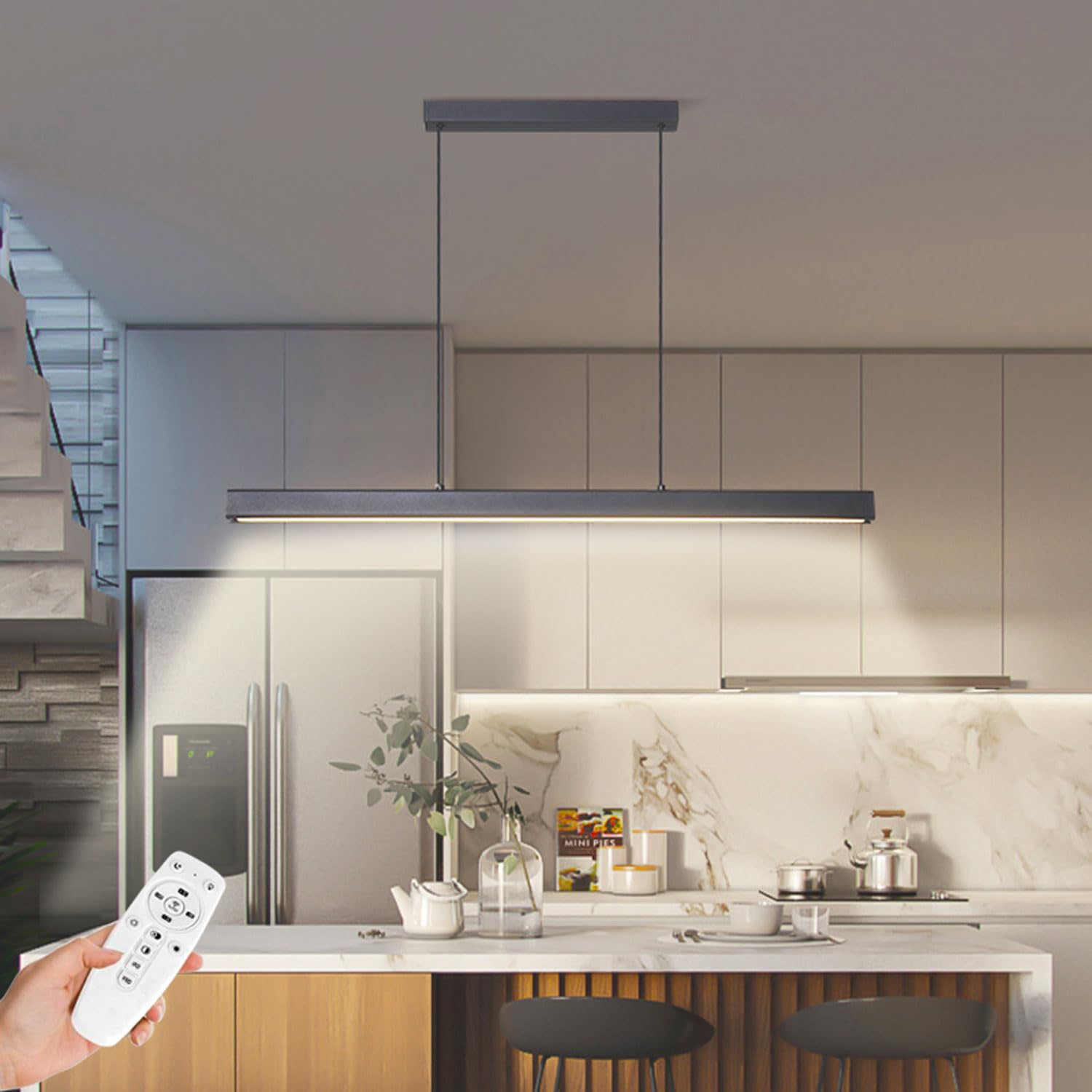 SENFAY Lámpara Colgante LED Moderna, 120cm Lampara Colgante isla cocina Regulable con Control Remoto, 48W Lampara comedor Negro diseño lineal, Iluminación Colgante Oficina regulable altura — view 11