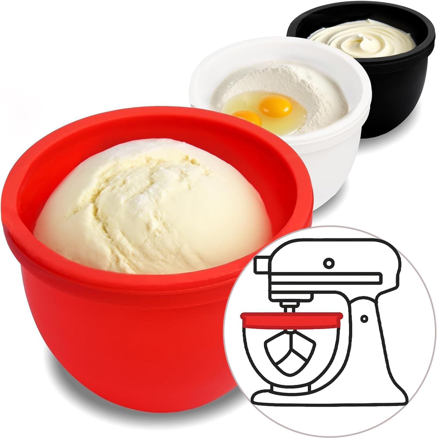 Silicone Bowl Insert Liners for KitchenAid Tilt-Head 4.5-5 Qt Stand Mixers –Set of 3 with Lids – Replacement Mixer Accessories – Not for Bowl-Lift Models
