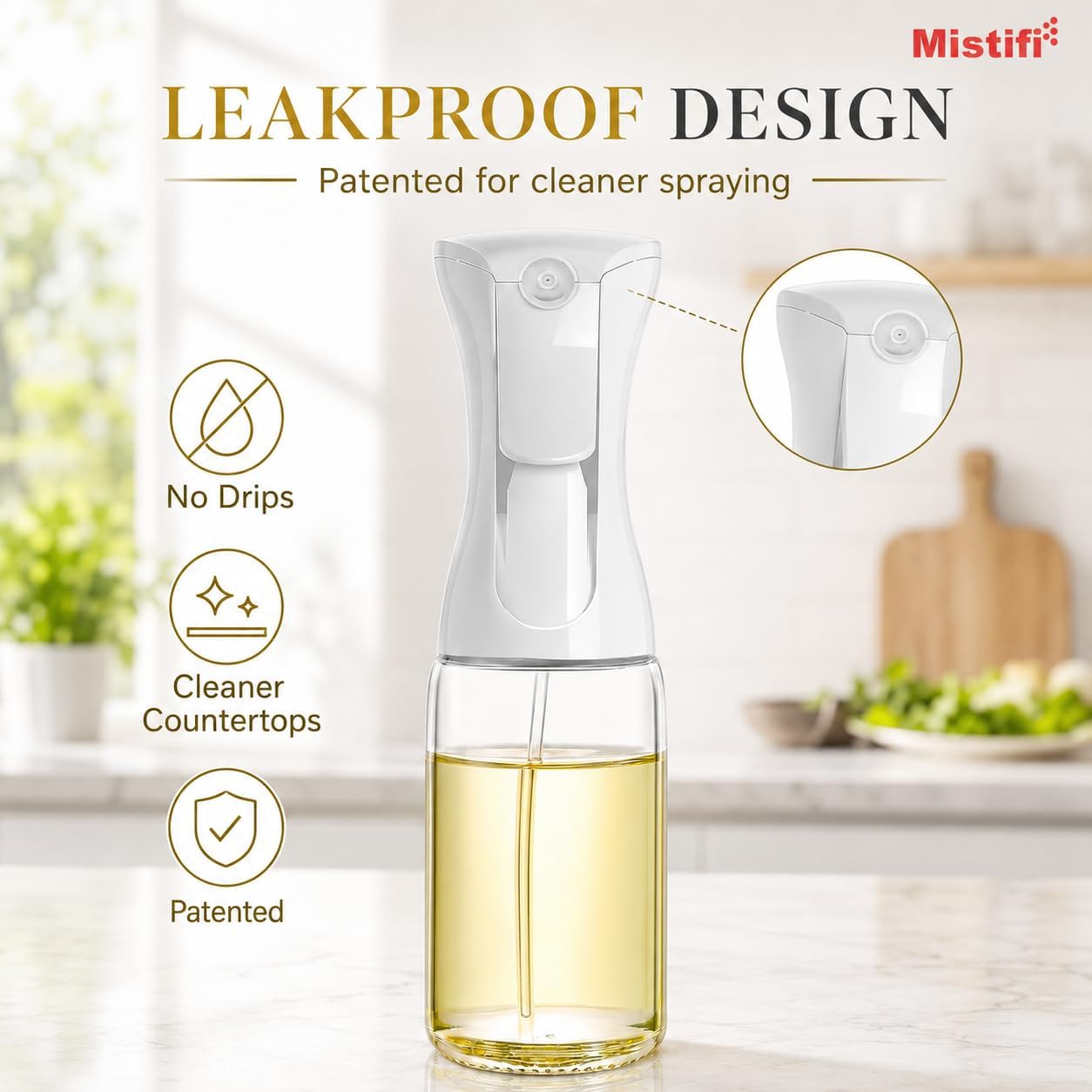 Mistifi Oil Sprayer for Cooking, 240ml Glass Olive Oil Sprayer, Fine Mist Spray Bottle for Air Fryer, Nonstick Frying, Salad, BBQ, Refillable Kitchen Oil Dispenser PS889W (240ml White Head)
