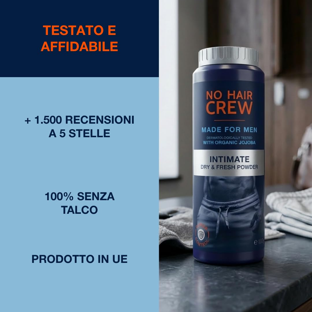 NO HAIR CREW Dry & Fresh Polvere Intima Uomo 100 g – Polvere Corpo Senza Talco contro Sudore, Odori e Sfregamenti – Sensazione di Freschezza e Comfort Duraturi