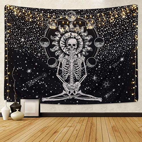 X-morrey Indian Black and white Starry Night Sky Skull tapestries human skeleton Halloween decoration Soulful Abstract Sketch Art Moon Eclipse Wall Hanging Tapestry 58x 79 (Meditation Skeleton)