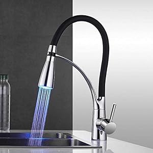 LED Chrome Kitchen Faucet - Brass Hot Cold Water Sink Mixer Tap with Deck Mount - Modern Bathroom