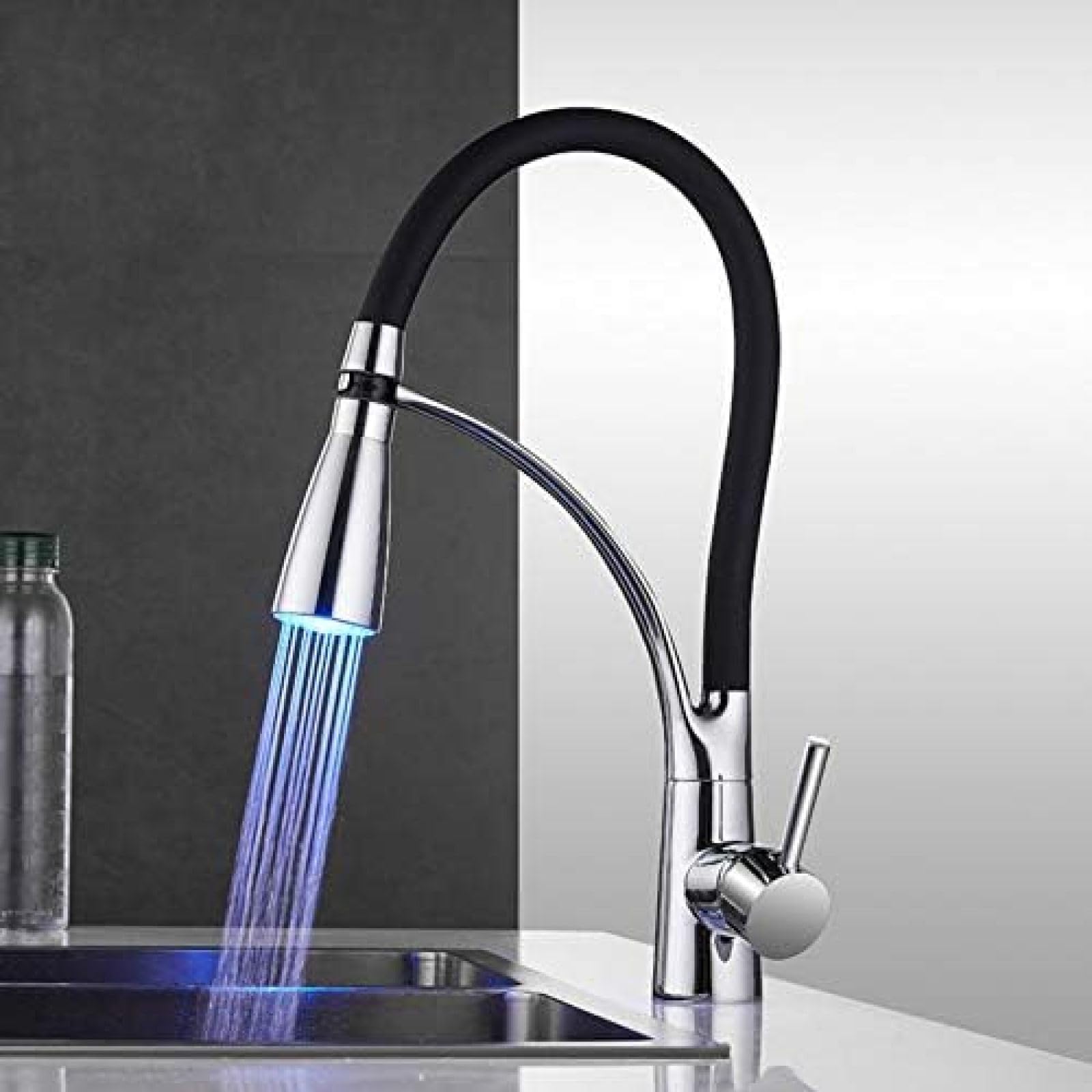 LED Chrome Kitchen Faucet - Brass Hot Cold Water Sink Mixer Tap with Deck Mount - Modern Bathroom