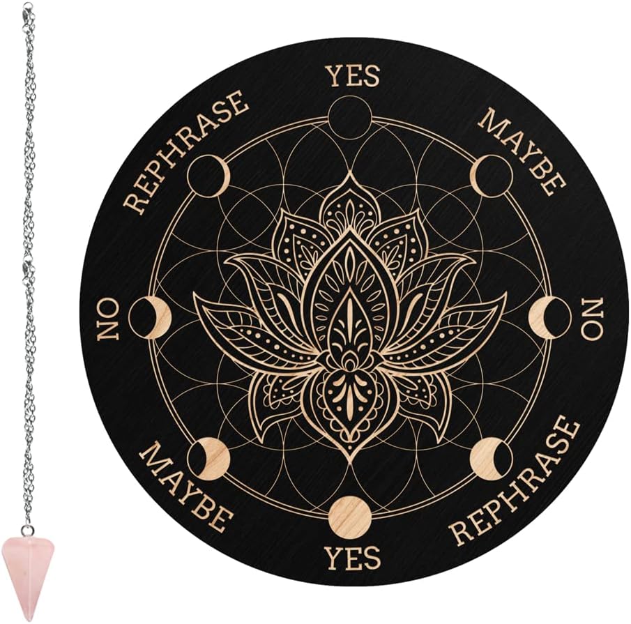 CRASPIRE Pendulum Board Lotus Flower Dowsing Divination Metaphysical Message Board 7.9Inch Wooden Carven Board with Rose Quartz Crystal Dowsing Pendulum Witchcraft Wiccan Altar Supplies Kit