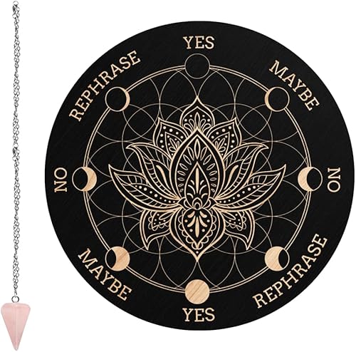 CRASPIRE Tablero de péndulo de flor de loto para radiestesia, tablero de mensajes metafísicos de 7.9 pulgadas, tablero tallado de madera con cristal