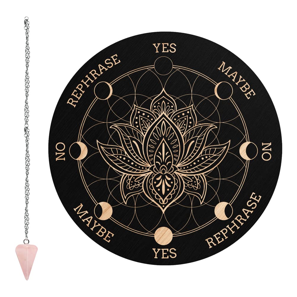 CRASPIRE Pendulum Board Lotus Flower Dowsing Divination Metaphysical Message Board 7.9Inch Wooden Carven Board with Rose Quartz Crystal Dowsing Pendulum Witchcraft Wiccan Altar Supplies Kit