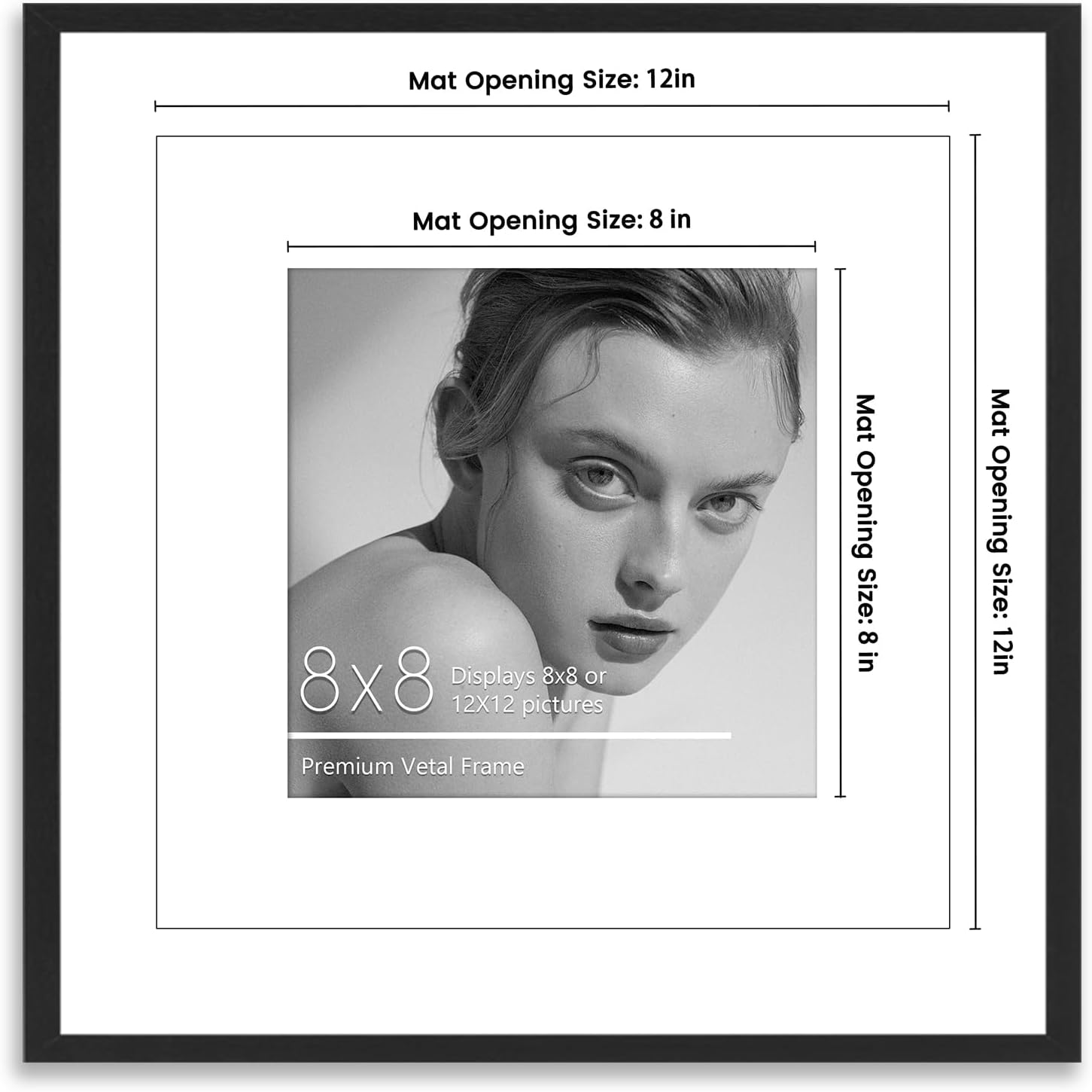 16x16 Picture Frame with 2 Mat, Display Pictures 8x8 and 12x12 with Mat or 16x16 Without Mat Multi, Wall Hanging Photo Frame, Black 1 Pack