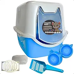 Caixa de areia para Gatos Toalete Azul Petliz Banheiro Bandeja Sanitário Higiênico Facil Limpeza com Comedouros e Pá