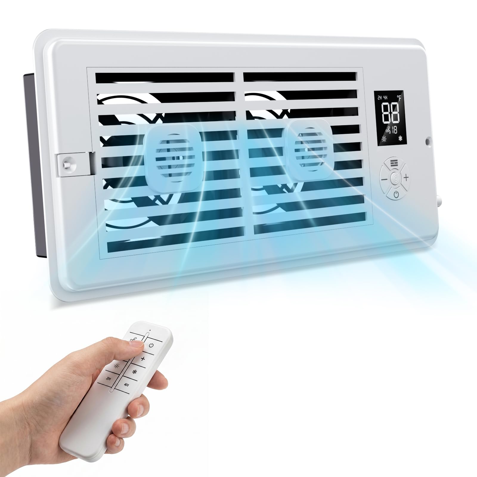 Photo 1 of Register Booster Fan, 4 x 10 Inch Quiet Vent Fan with Remote Control, 10 Speed & 3 Modes Thermostat Controlled Vent Booster, Built-In Display, Removable Front Cover for Floor Wall HVAC Vents, White