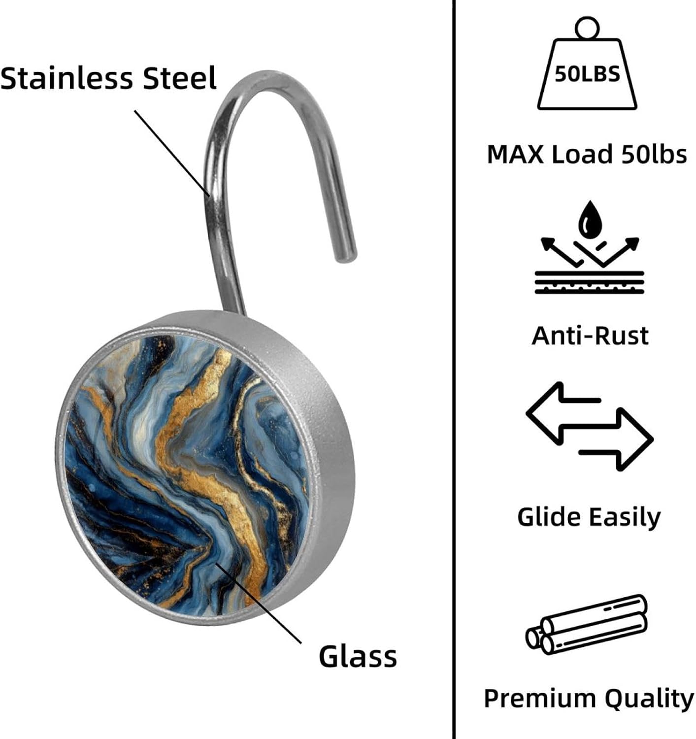 Abstract Blue Gold Marble Shower Curtain Hooks, Rustproof Shower Curtain Rings for Bathroom, Stainless Steel Shower Hooks for Shower Curtain Rod, Decorative Shower Curtain Hangers Set of 12