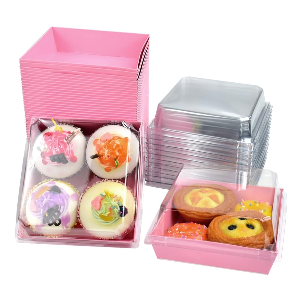 50 Pcs Cake Slice Boxes with Clear Lids, 4.7'' Paper Charcuterie Box Oil-Proof Dessert Boxe Square Cookie Containers Takeaway Boxes Individual Cake Boxes for Portions Cupcakes,Pink