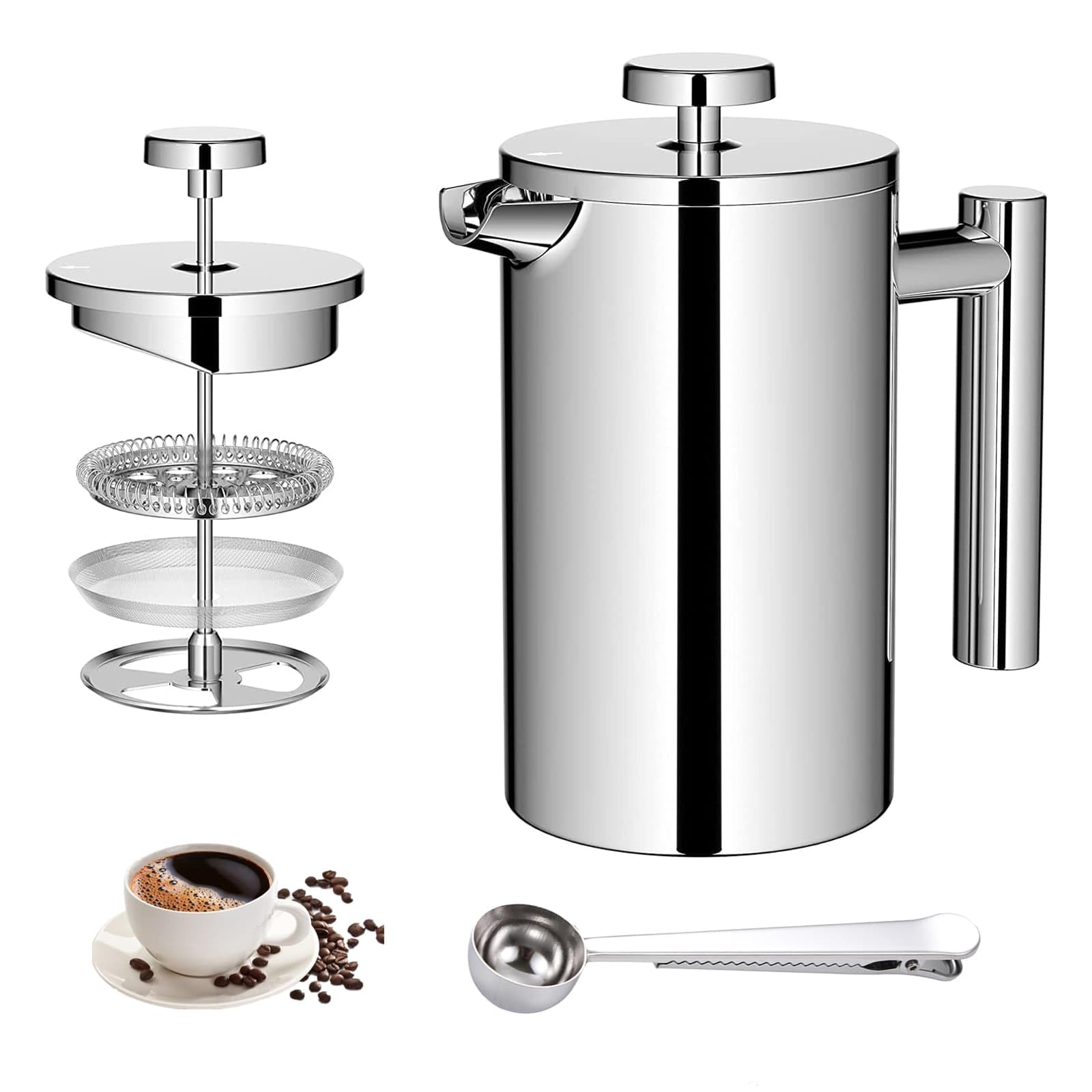 Eidoct 350ml Stainless Steel Double Wall Heat Resistant Coffee Press, Double Walled Insulation French Press Cafetiere, 3 Level Filter Double-Walled Insulated Stainless for Home and Office