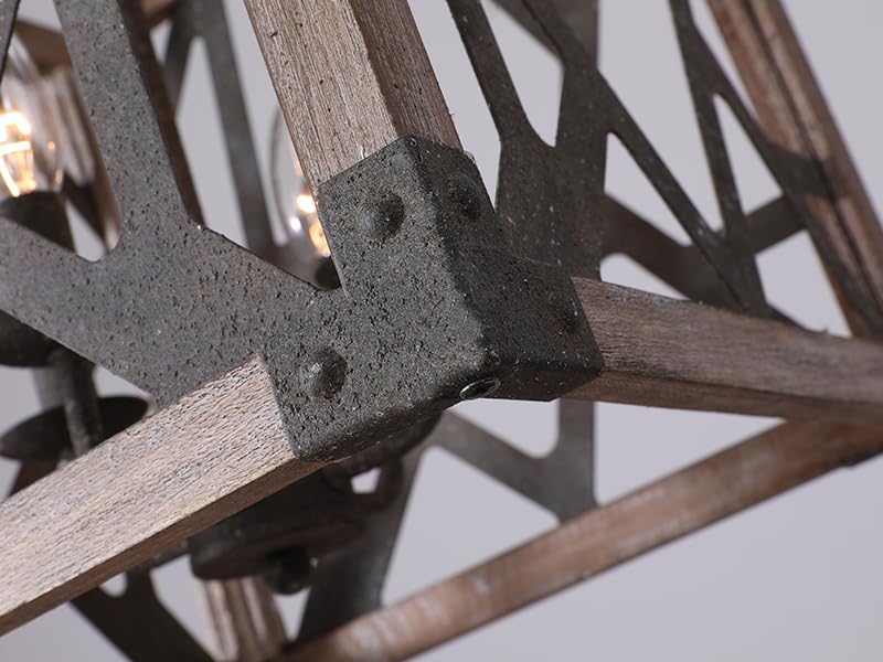 Miniatura 2 de 4 luces colgantes de metal negro de madera para isla de cocina, jaula cuadrada moderna de granja rústica para comedor, lámpara de araña rectangular