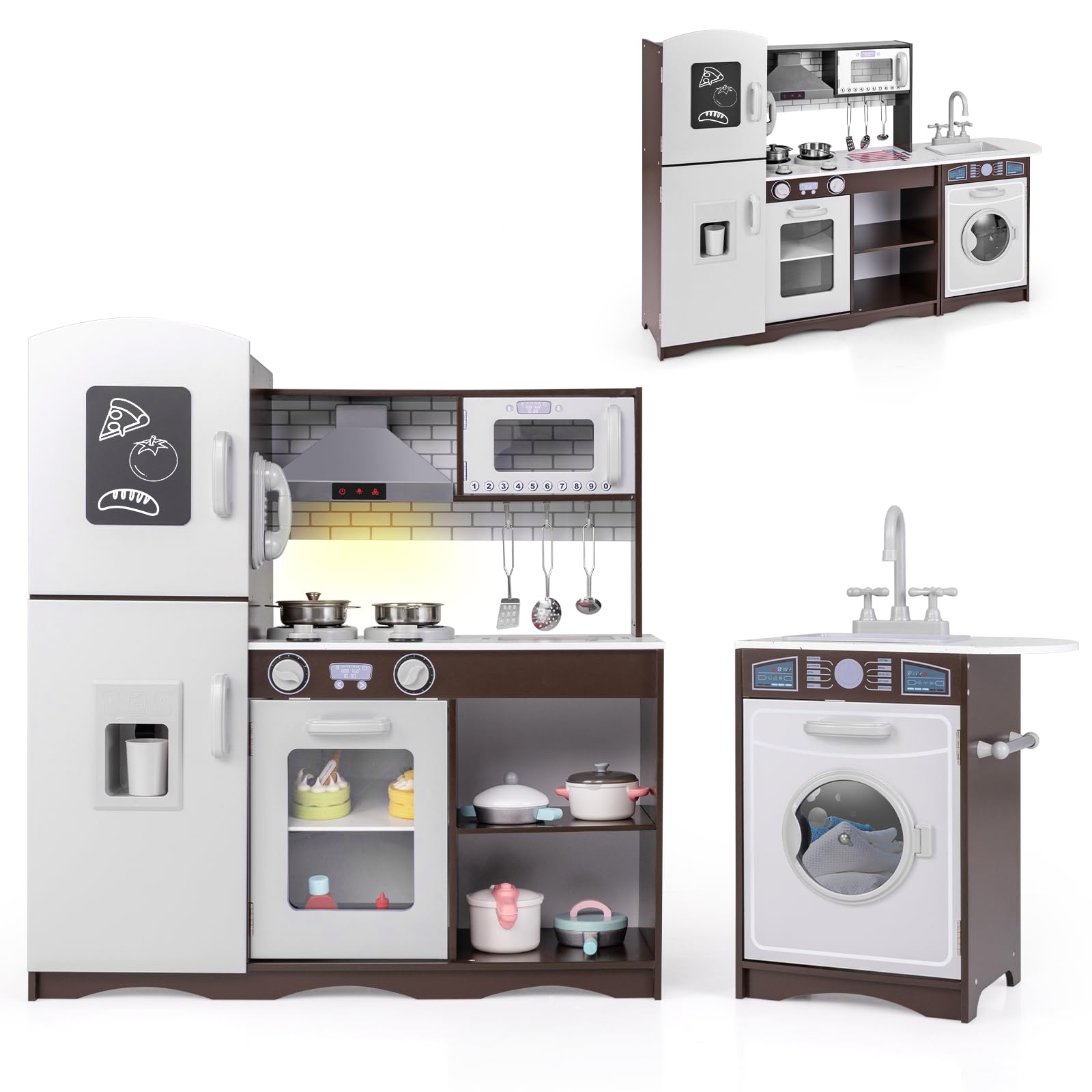 Maxmass 2 in 1 Kids Modular Play Kitchen, Wooden Children Toy Kitchens with Lights, Sounds, Washing Machine, Ice Maker, Phone, Sink, Utensils, Toddler Role Play Cooking Playset for 3+ Years Old
