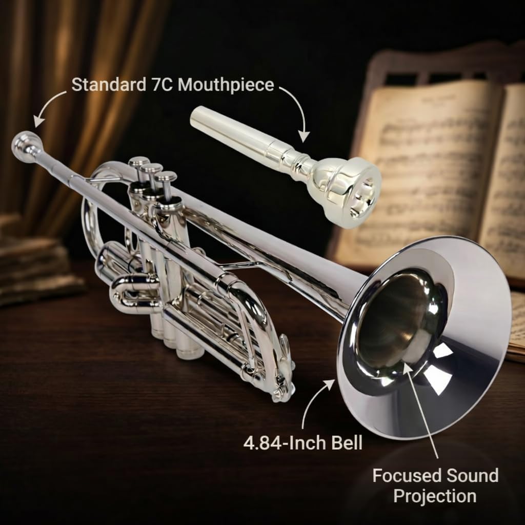 Bb Standard Trumpet for Students & Beginners, Brass Trumpet Set with Hard Case, 7C Mouthpiece, Cleaning Cloth & Gloves, Silver Nickel