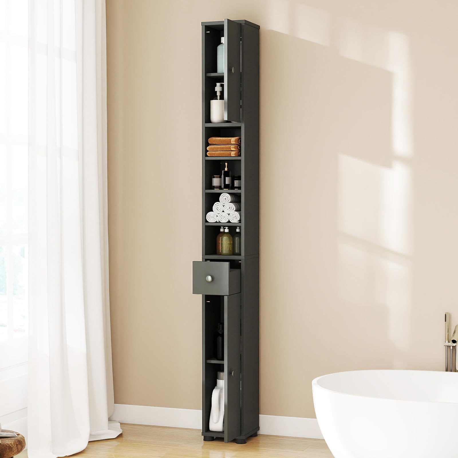 COSTWAY Mobile Bagno Alto Stretto, Mobiletto Colonna Salvaspazio con 1 Cassetto, 5 Ripiani Regolabili e Struttura Antiscivolo, Mobile a Terra per Ingresso, 20 x 20 x 180 cm (4 Ripiani, Grigio)