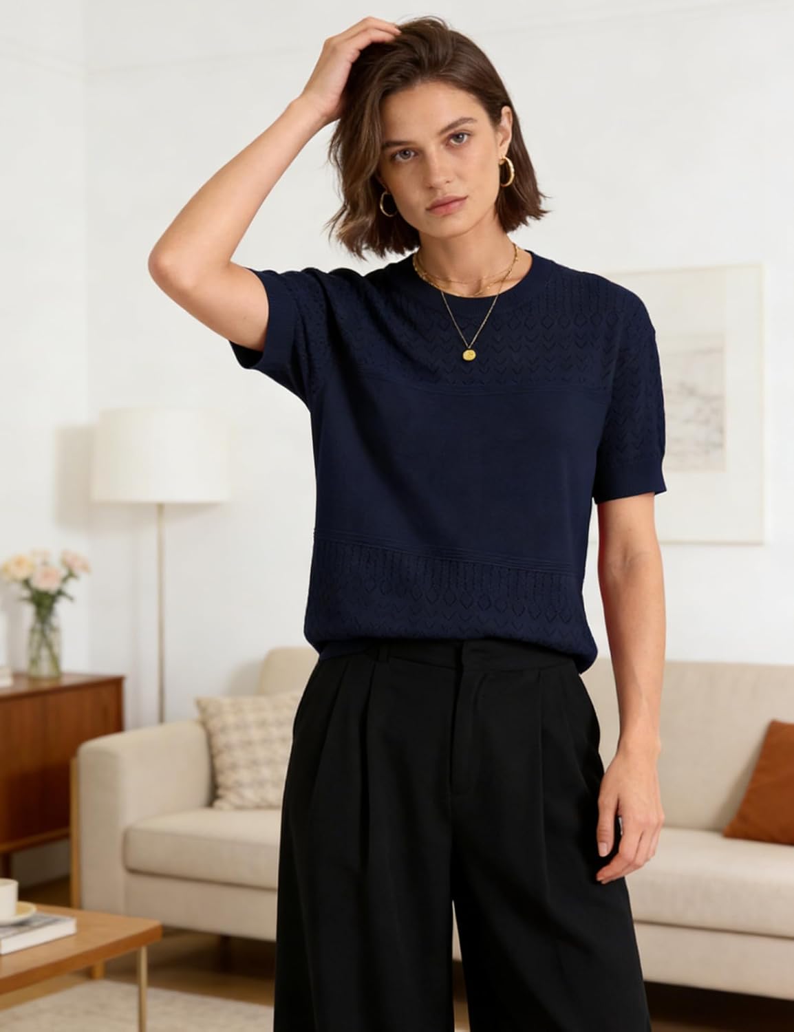 Short Sleeve Sweater for Women 2026 Spring Summer Crew Neck Eyelet Knit Shirts Loose Fit Lady Casual Blouse Tunics - Image 4