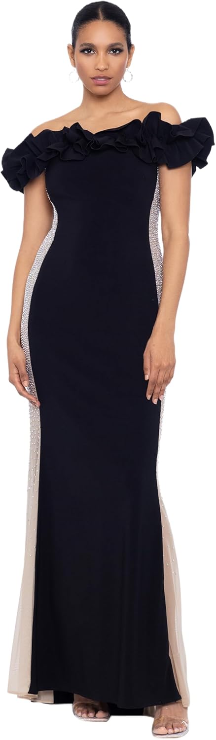 Xscape Womens Long Off The Shoulder Ruffle Beaded Mesh Back Dress