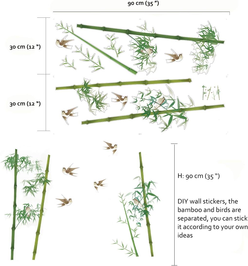 Runtoo Bamboo Wall Stickers Birds Plants Wall Decals Living Room Bedroom Wall Decor, Bamboo and Bird - Image 5