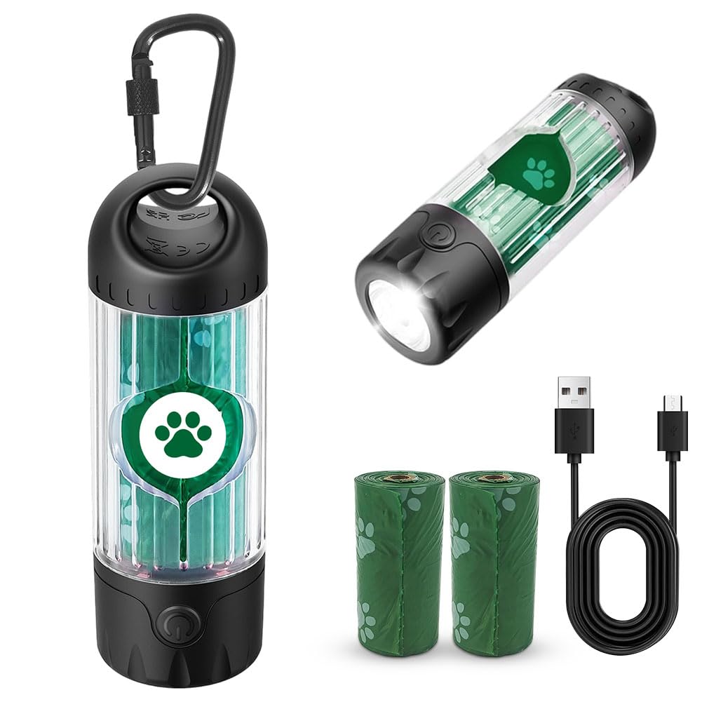 2025, dispenser di sacchetti per escrementi con torcia, IPX 6, impermeabile, con 7 colori, luce notturna USB-C ricaricabile, raccoglitore di escrementi per cani, dotato di sacchetti della spazzatura