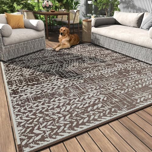 Outdoor Rug 6×9 Waterproof Outdoor Carpet Reversible Patio Rug Portable Camping Rug Modern Abstract Plastic Straw RV Rug for Picnic Beach Balcony Pool Deck Foldable Rug Brown Beige