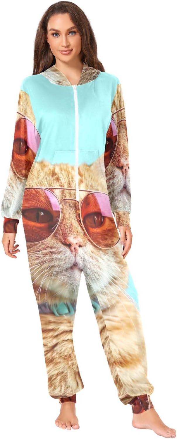Orange Cat Funny Blue Adult Onesie Pajamas, Cozy Hooded One Piece Sleepwear for Men Women Christmas Loungewear