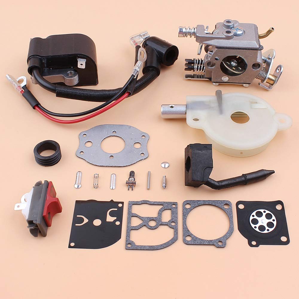 Tiempo Beixi Gusano carburador Bobina de Encendido de la Bomba de Aceite del Engranaje Módulo Interruptor de Parada Kit Compatible con Husqvarna 136 141 137 142 Piezas de la Motosierra Zama Carb