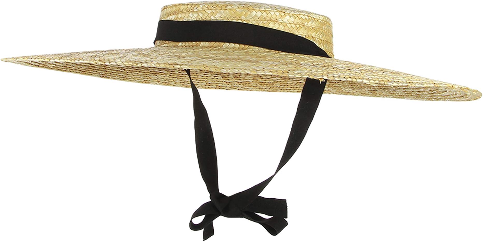 Women Vintage Boater Straw Hat Wide Brim Flat Top Floppy Derby Straw Hat Beach Sun Hats with Chin Strap Brim:12cm Beige