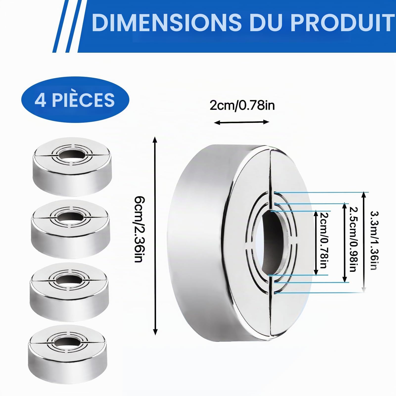 Lot de 4 Rosace Mitigeur Douche 3 Tailles en 1, Cache Tuyau Ø20/Ø25/Ø33 mm, Rosace Robinet Divisée pour Raccords de Plomberie, Accessoire Pratique pour Salle de Bain et Cuisine