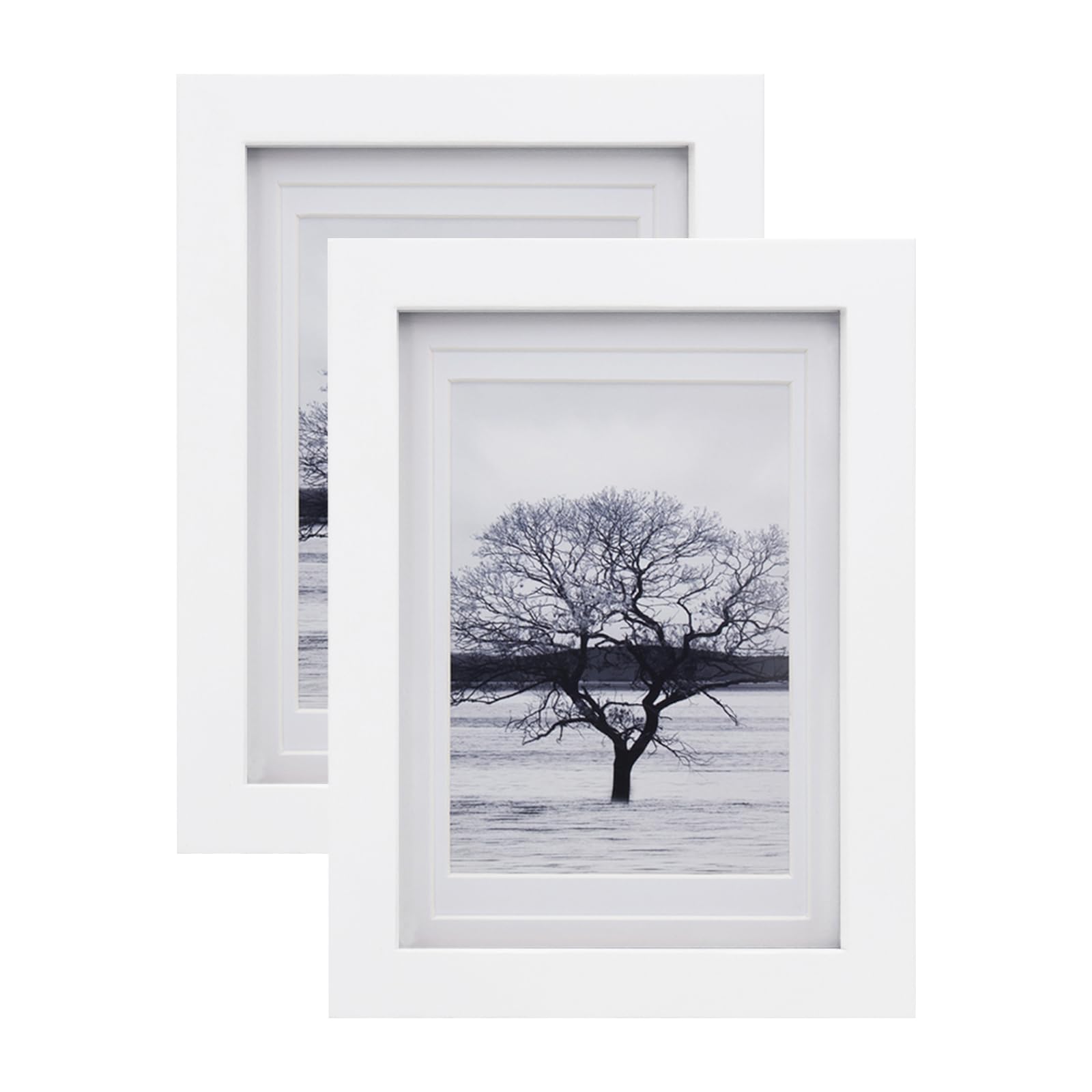 EGOFINE 7x5 Picture Frame,100% Solid Wood Frame with 4x6 Mat,7x5 Photo Frame with Acrylic Glass,17.8x12.7cm Small frame for Tabletop and Wall Mounting,White,2 Pack