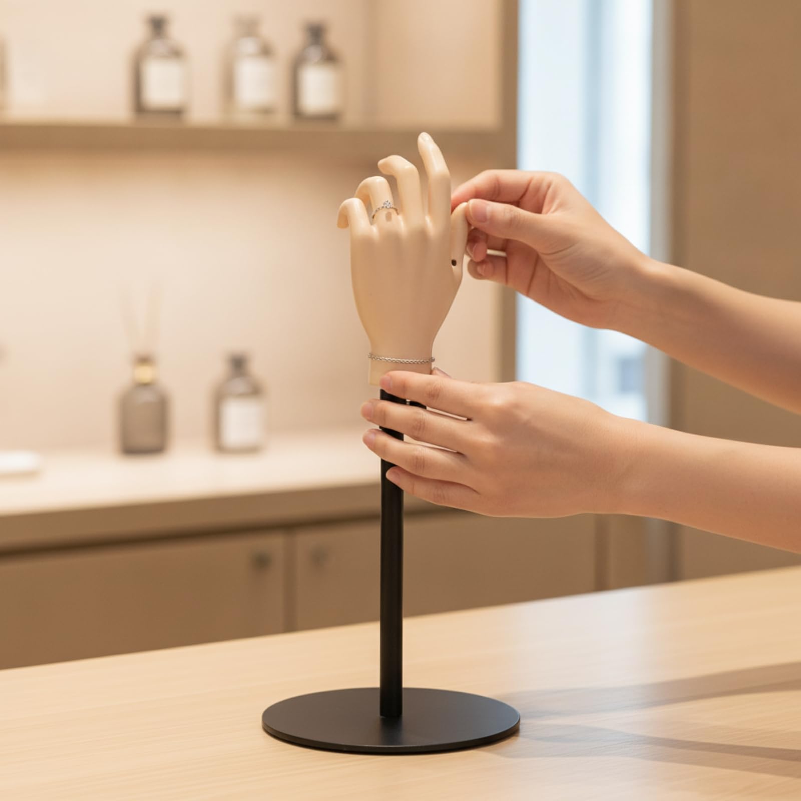 Holzhand Mannequin Hand Modell Handpuppe Zeichenhand Skizzenhand aus Geschnitztem Holz mit Justierbarem Handgelenk Und , Bronze , Runder Boden Höhenverstellbar