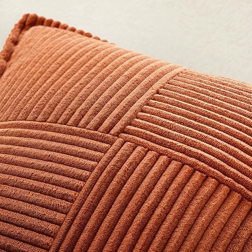Image of MIULEE Fall Dark Rust Decorative Lumbar Throw Pillow Covers for Couch Bed Livingroom 12x20 Inch Set of 2 Boho Accent Throw Pllows Broadside Striped Patchwork Soft Corduroy Pillowcases, Terracotta