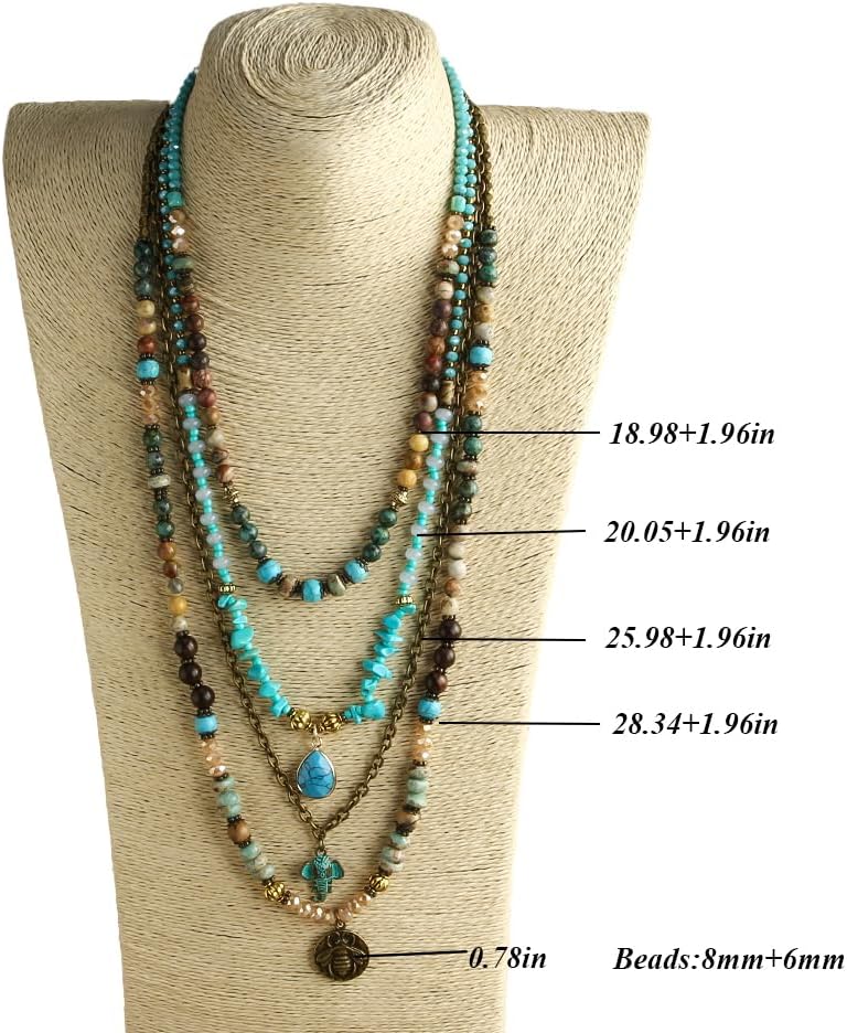 Yomisa Boho Layered Necklaces for Women Trendy,Multi-layer Beaded Long Necklace for Women,Bohemian Handmade Layering Natural Beads Chain Pendant Necklace Statement Western Beach Jewelry Gift