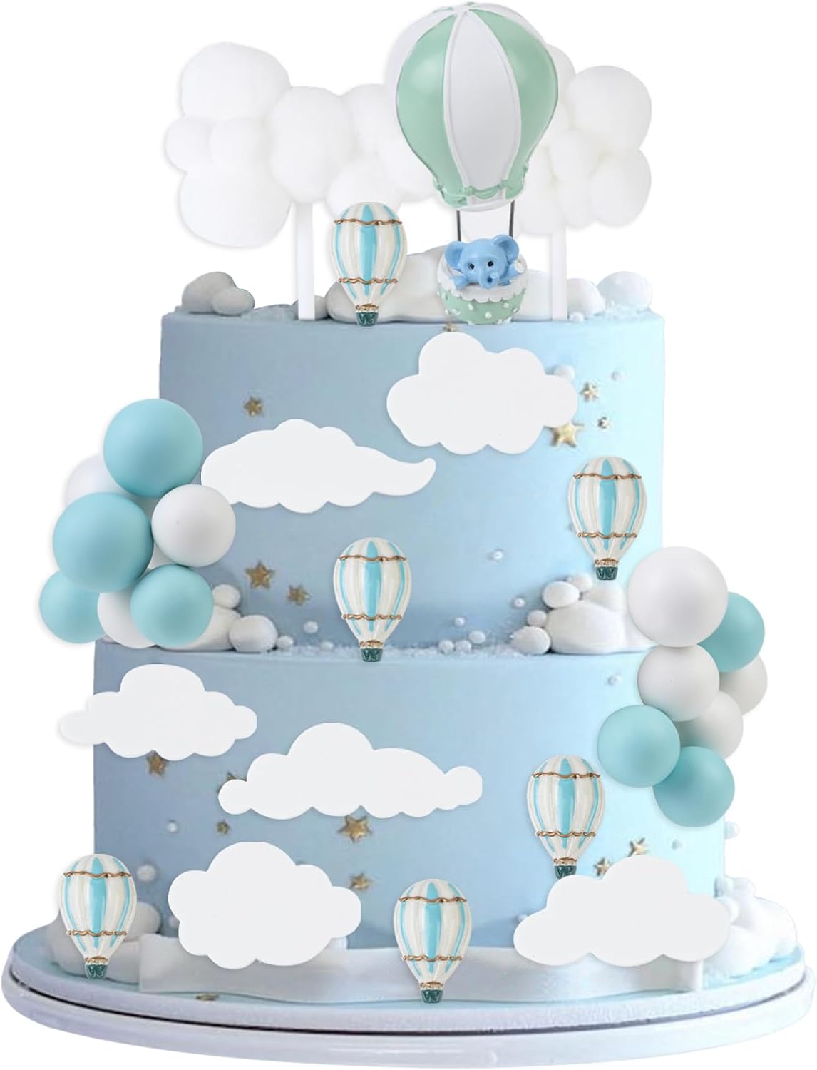 Cheereveal Hot Air Balloon Cake Decorations - Blue Hot Balloon White Rain Cake Cupcake Toppers Ball Dessert Picks, Hot Air Balloon Theme Baby Shower Birthday Party Celebration Photo Props
