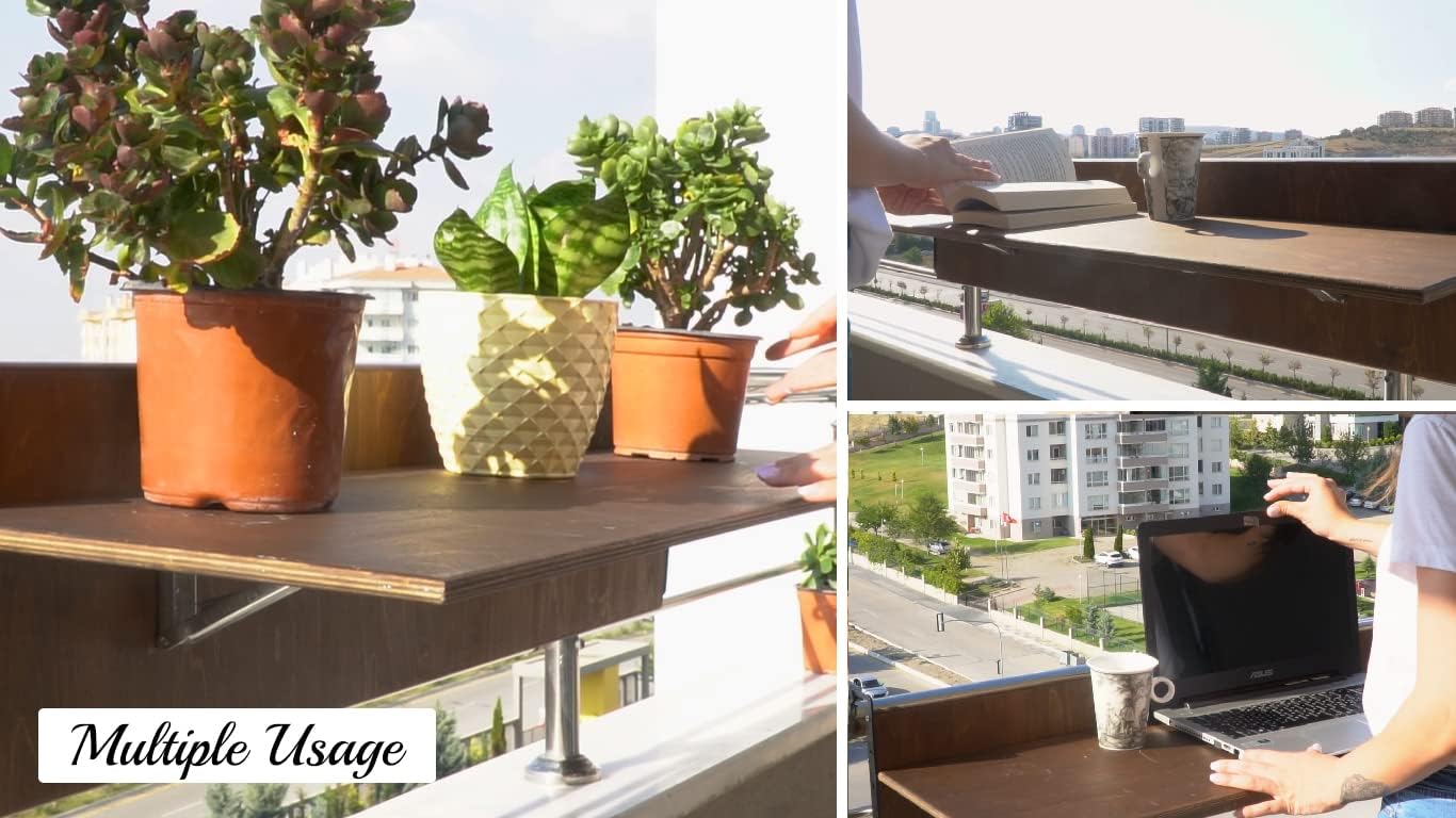 Balcony Bar Table for Railings, Balcony Folding Deck Table, Wooden Adjustable Hanging Deck Table for Patio, Apartment, Garden (Chestnut, 24" L x 11.8" W)