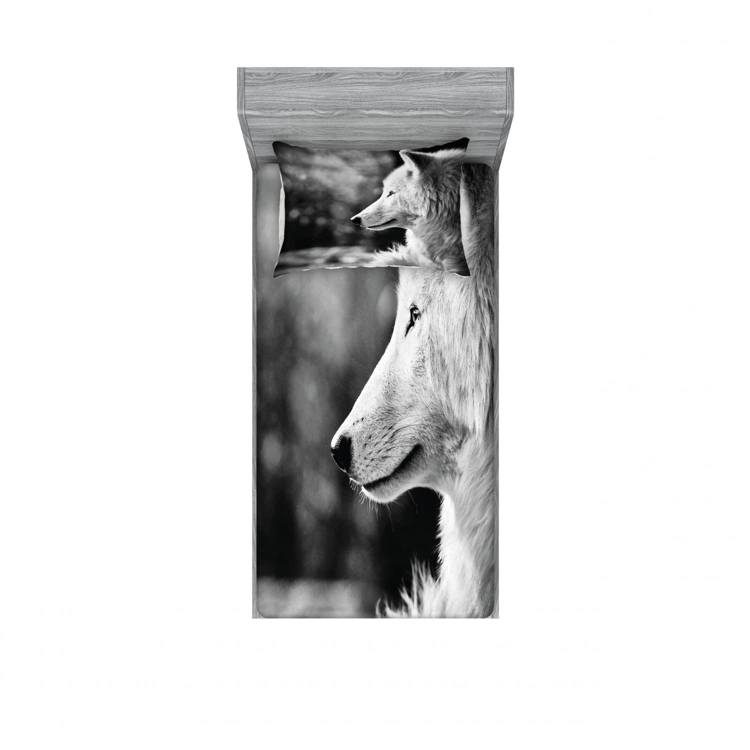 Ambesonne Black and White 2 Pack Fitted Sheet & Pillow Sham Set, Wolf Portrait, 4 Pcs Bedding Decor, Package Contains 2 Twin Size Fitted Sheets & 2 Pillow Covers, Grey