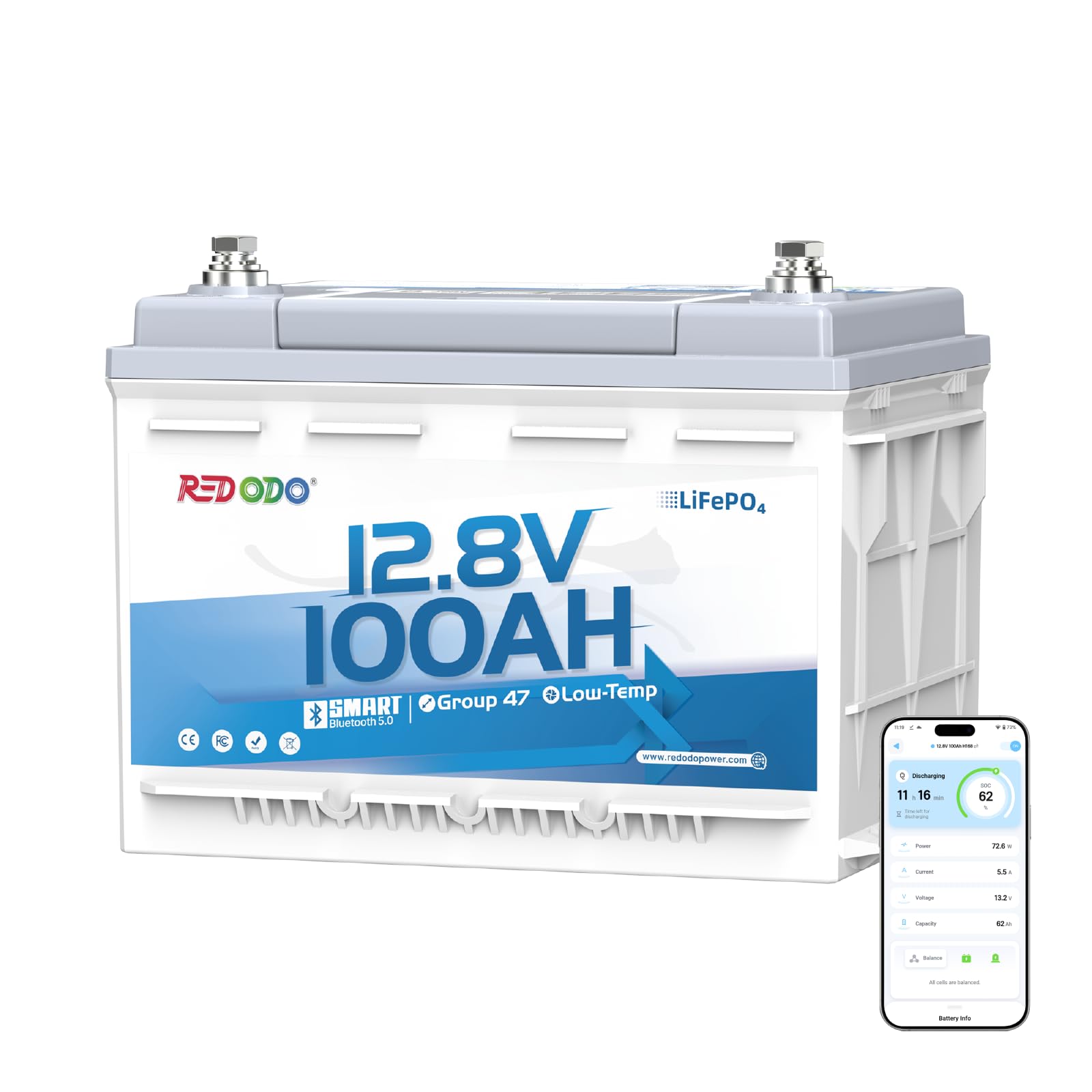Redodo 12V 100Ah Group47 Batterie LiFePO4 avec Bluetooth 1280Wh BMS 100A | Batterie Lithium avec Basse Température Hauteur 168mm Installable Sous Siège de Camping-car IP65 Convient Aussi Pour Bateau