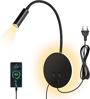 ERWEY Reading Lamp Bed, Reading Lamp Wall Mounted 3 W + 8 W Bed Lamp with Switch and USB Charging, LED Wall Lamp Reading Light 360° Swan Neck with Plug and Cable for Bedroom, Black