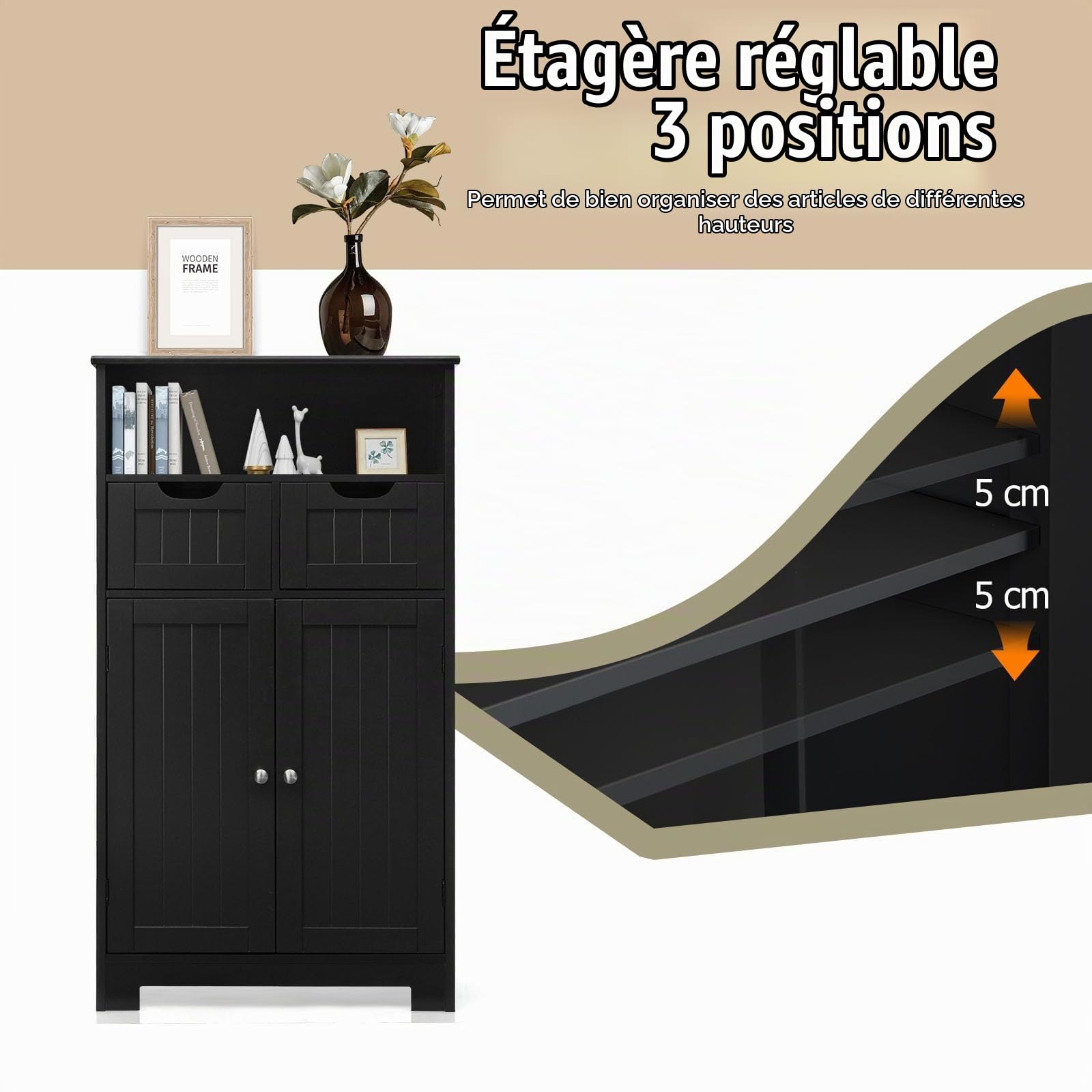 LIFEZEAL Armoire sur Pied de Salle de Bain avec Tiroirs et Étagères Réglables, Meuble de Rangement sur Pied en Bois, Armoire Haute Moderne pour Cuisine, Salon, Salle de Bain, 60 x 30 x 109 cm (Noir)