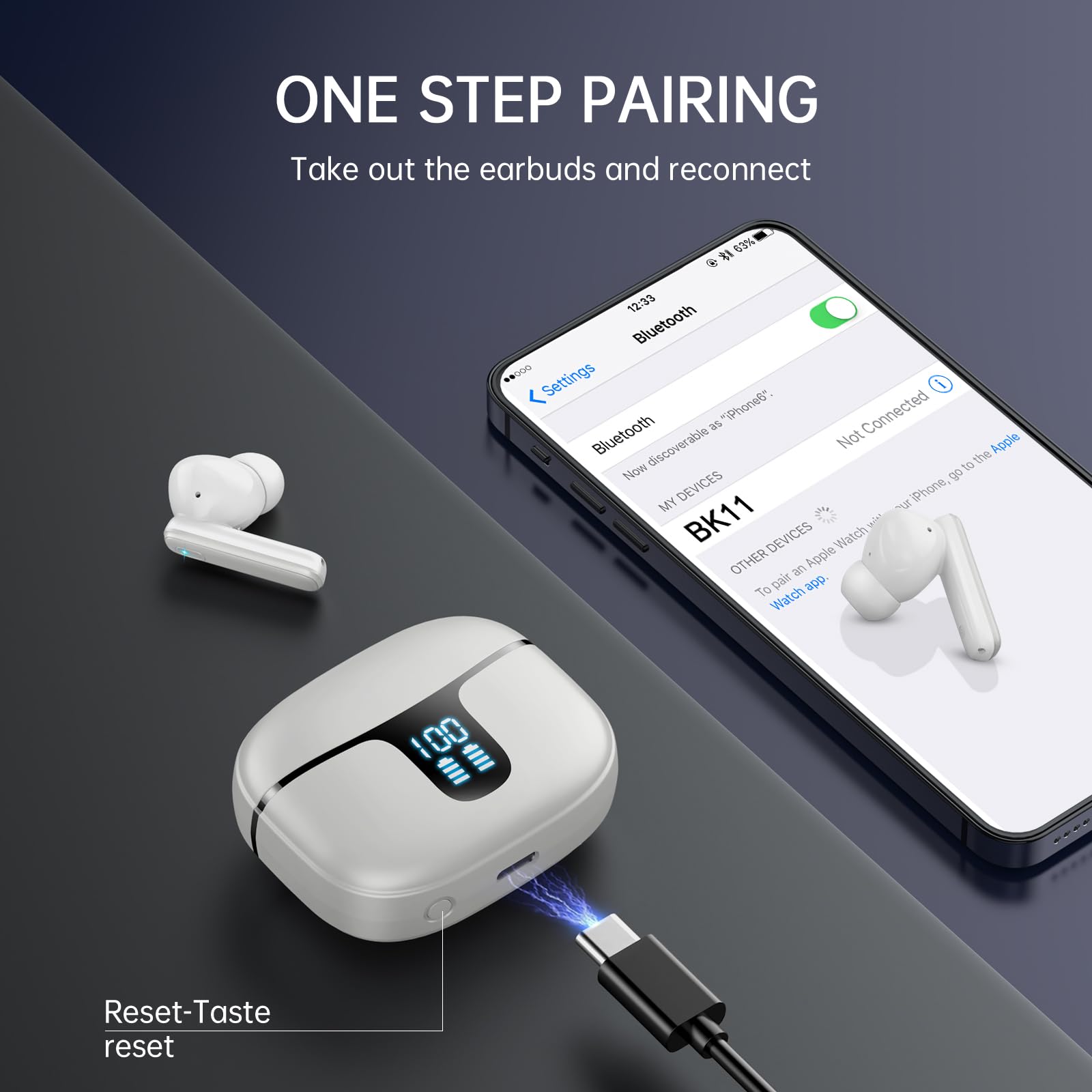 Cuffie Bluetooth, Auricolari Bluetooth 5.3 Stereo HiFi con 4 ENC Mic Cancellazione Rumore, Cuffie Wireless In Ear 40H Cuffiette Bluetooth Sport LED USB-C Touch Control Earbuds per Android iOS Grigio