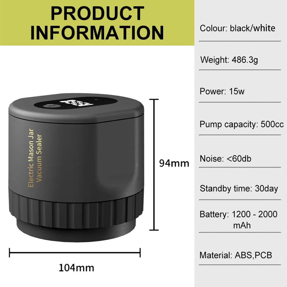 Electric Mason Jar Vacuum Sealer Kit, Vakuumversiegelungsmaschine für Lebensmittel mit LED Anzeige, Einmachglas Versiegelungs Set für die Lebensmittellagerung für Breite und Normale Öffnung (Schwarz)