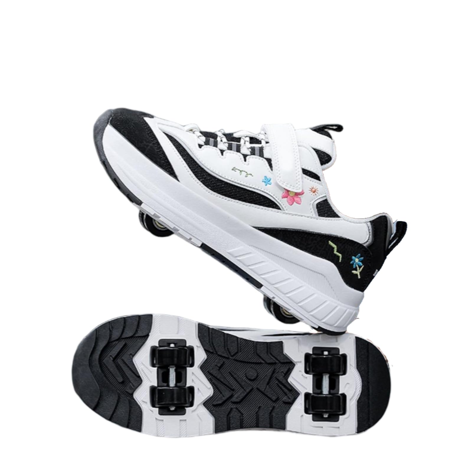 JJDFW Chaussures de patinage à roulettes 2 en 1 en maille respirante à LED pour fille avec 4 roues amovibles et broderie florale