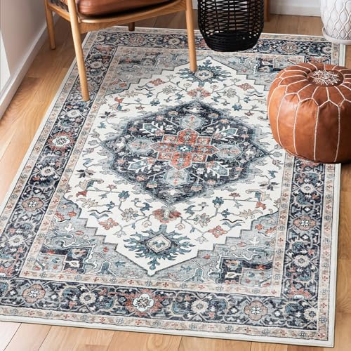 Image of Vintage Washable Rug，6x9 Boho Area Rugs for Living Room, Bedroom, Kitchen, Soft Non-Slip Foldable Indoor Carpet, Black Gray /Beige
