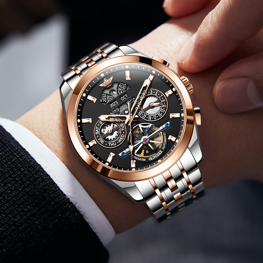 OUPINKE - Reloj automático para hombre, 5 manecillas, calendario múltiple, año, mes, semana, fecha, mecánico, 5 ATM, impermeable, acero de tungsteno, cristal de zafiro, reloj de pulsera para hombre