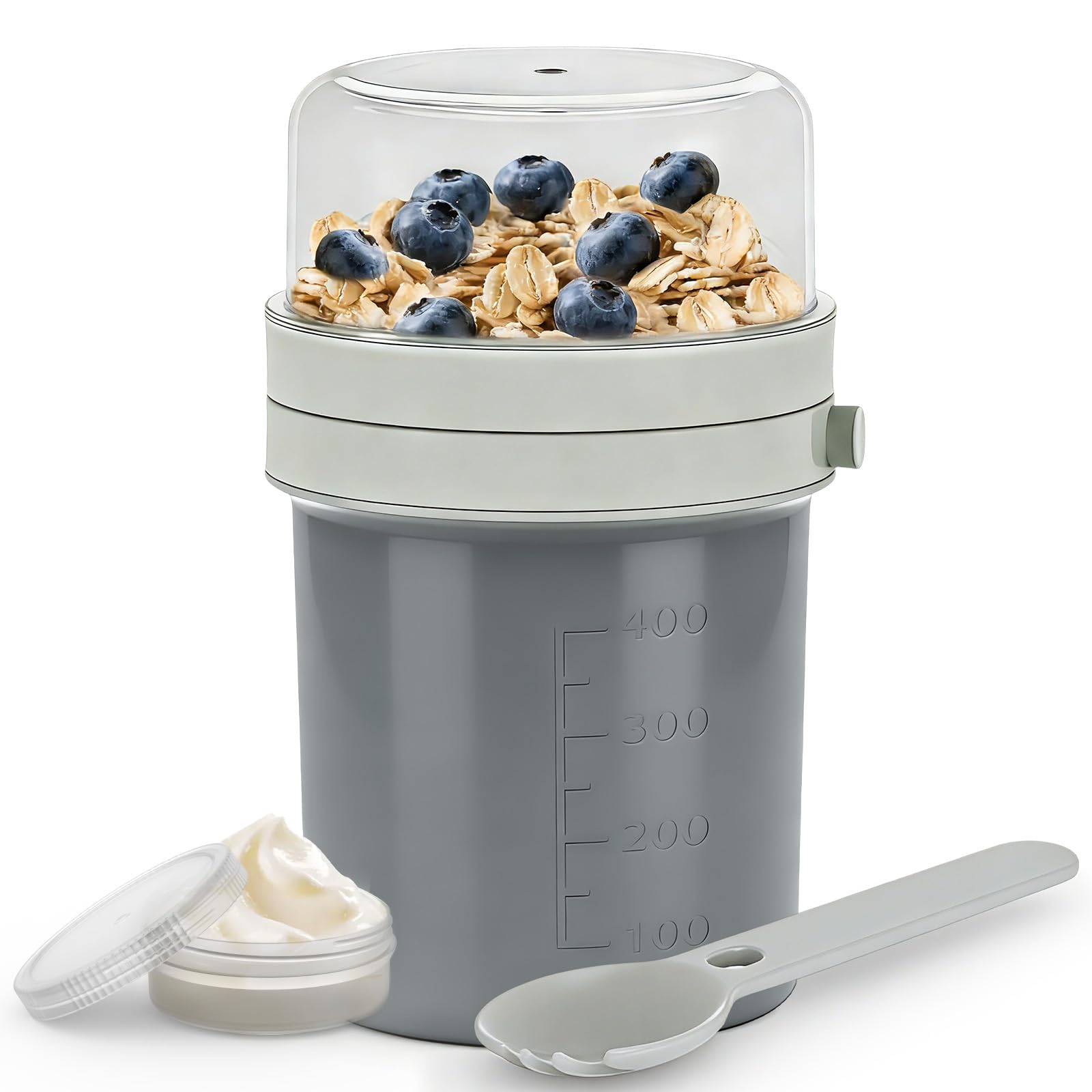 MRUN BONE Müslibecher To Go mit Gabel-Löffel, Auslaufsichere Joghurtbecher To Go, Müslibecher für Unterwegs, Arbeit, Schule, Picknick, 450ml+250ml, (Edel Hellgrau)