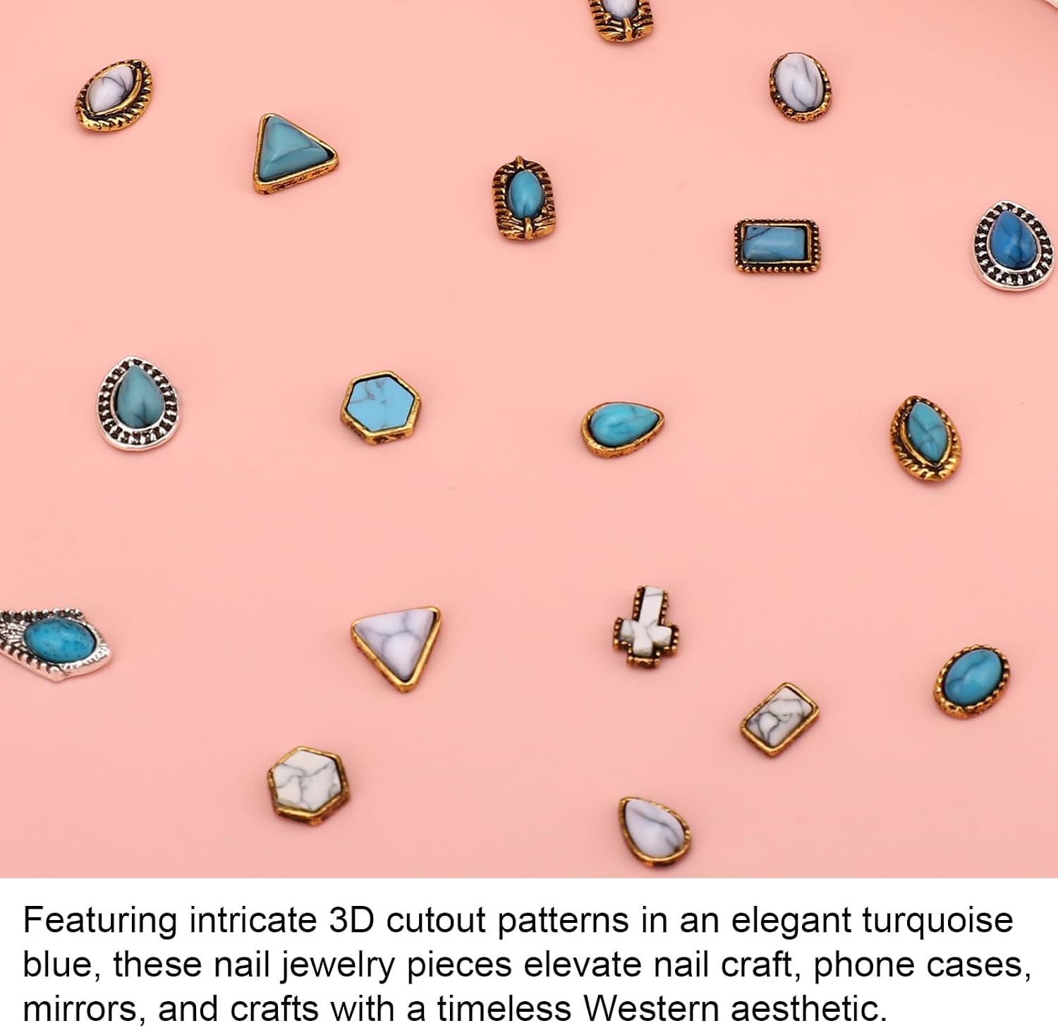 60pcs Turquoise Nail Charms, 20 Design 3D Vintage Western Nail Art Gems Cowboy Cowgirl Craft Stones Accessories Supplies for Women Pendants DIY Manicure Decoration